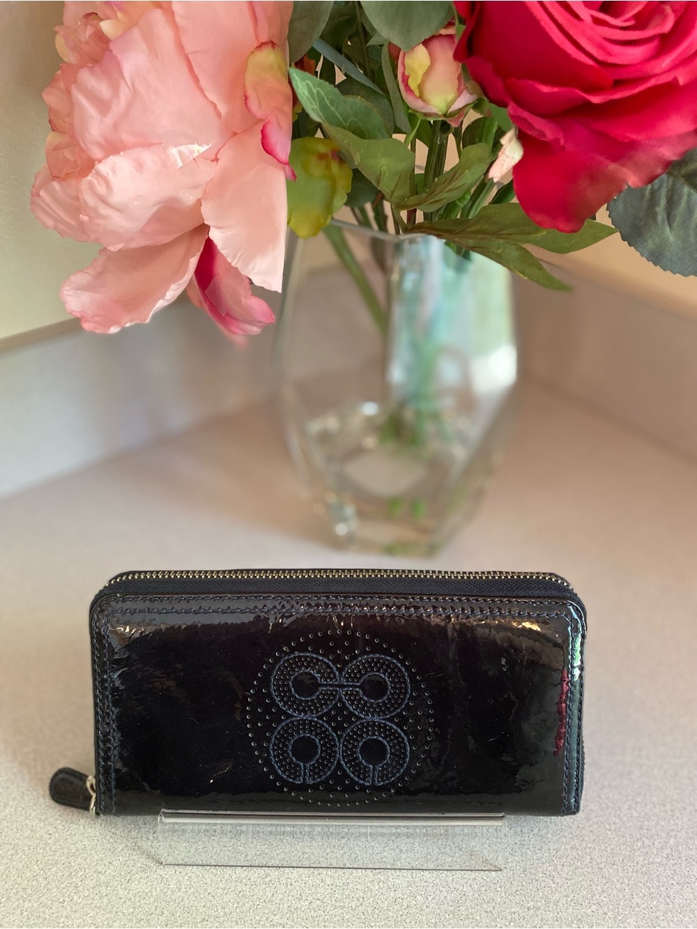 Coach Julia Monogram Embossed Patent Leather Zip Around Wallet